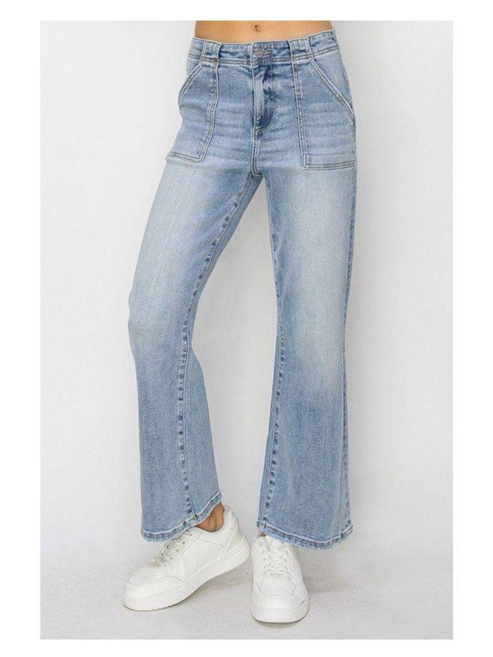 Risen High Rise Ankle Flare Jeans Super Stretch Patch Pocket Light Wash 7/28